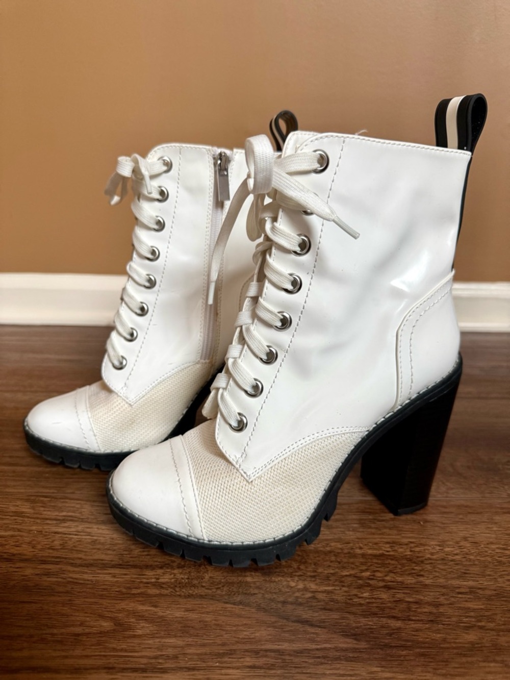 BCBGeneration Pauline White Lace-up Combat Moto Heeled Bootie